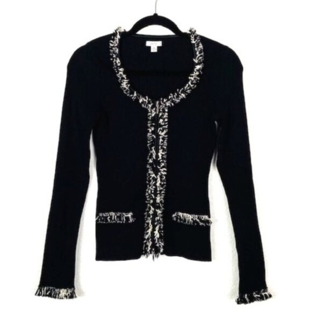 Cache | Wool Ribbed Fringe Zip up Vintage Sweater Black
